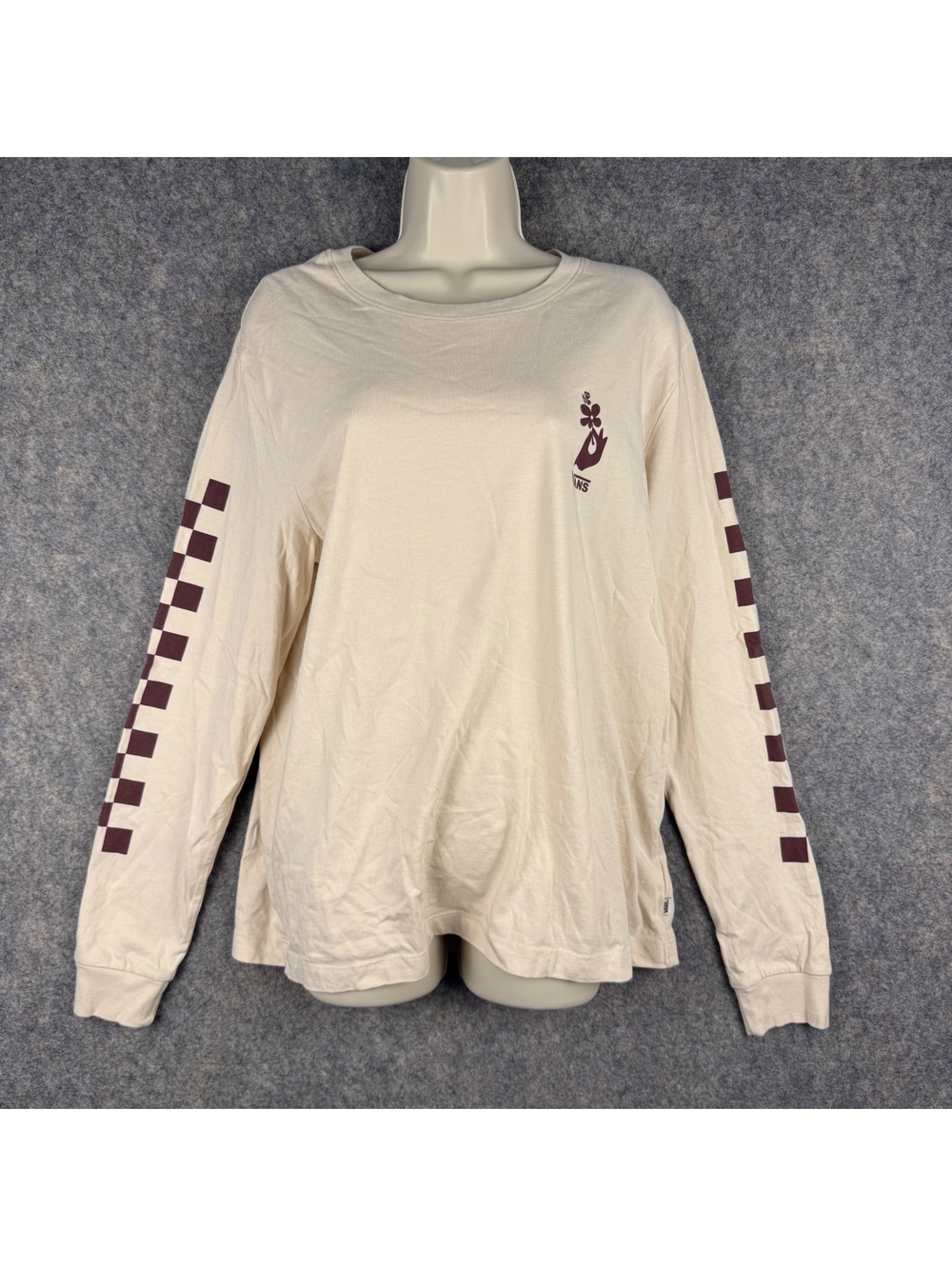 VANS Long Sleeve T Shirt Tan Brown ‘Bee Good’ Flower Checker Women Size XL 426